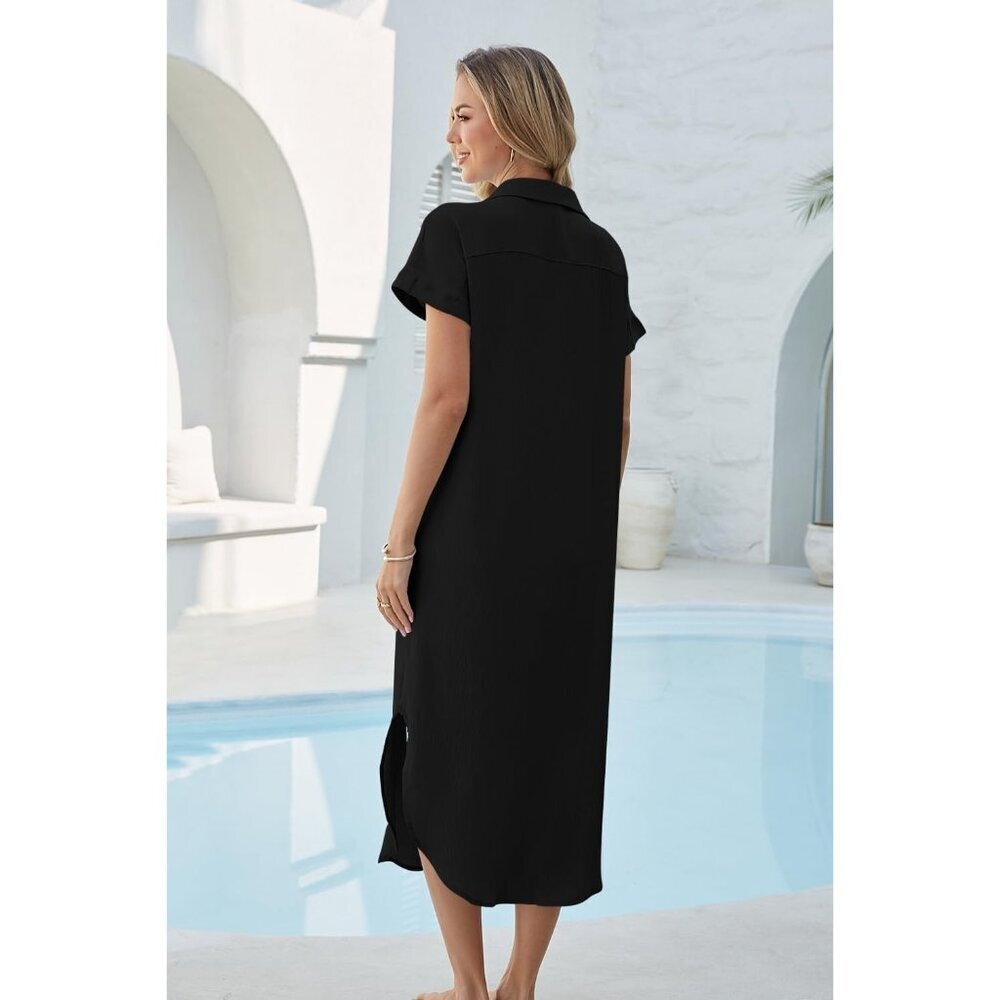 Women Black Long Maxi Button Down Summer Bikini Swimsuit Cover Up Beach Dress - Picture 5 of 5